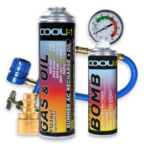 COOL5 2w1 SUMMER AC RECHARGE (Czynnik R1234yf+Olej) + przewód z manometrem i Adapter YF, Refreshing Bomb
