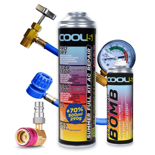 COOL5 5in1 SUMMER FULL KIT AC REPAIR R134a, Gauge Hose + LP/HP Adapter & Refreshing Bomb
